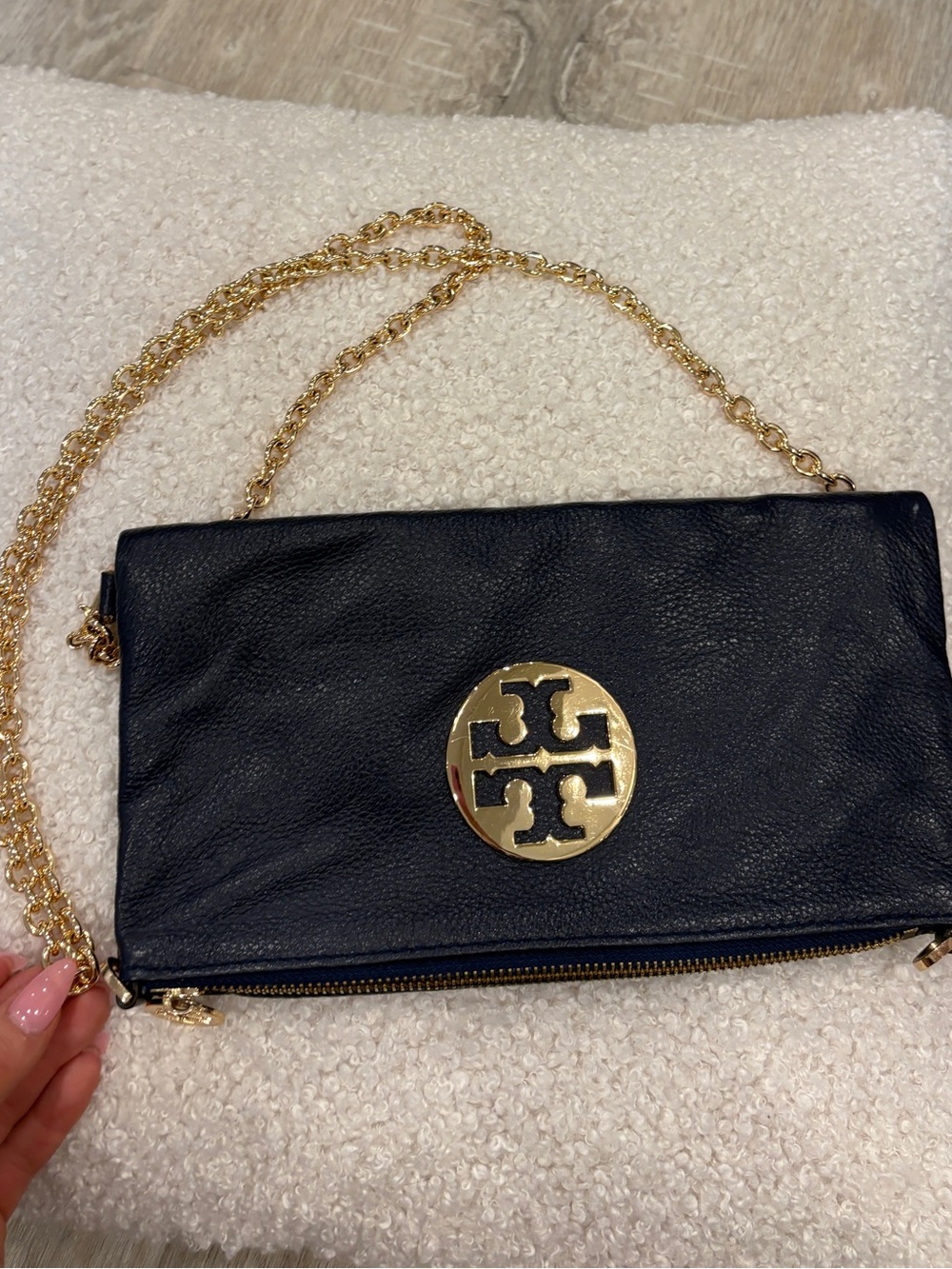 Tory Burch Blue Leather Logo Chain Clutch